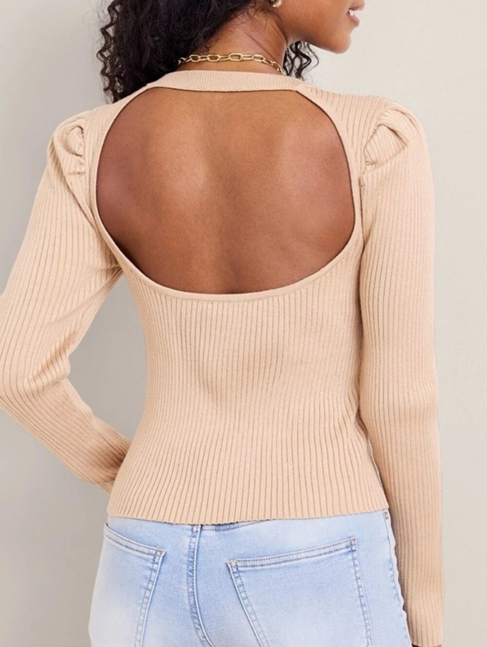 Francesca's Collections Ribbed Crewneck Long Sleeve Top - Beige